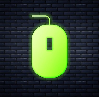 Glowing neon Computer mouse gaming icon isolated on brick wall background. Optical with wheel symbol. Vector.