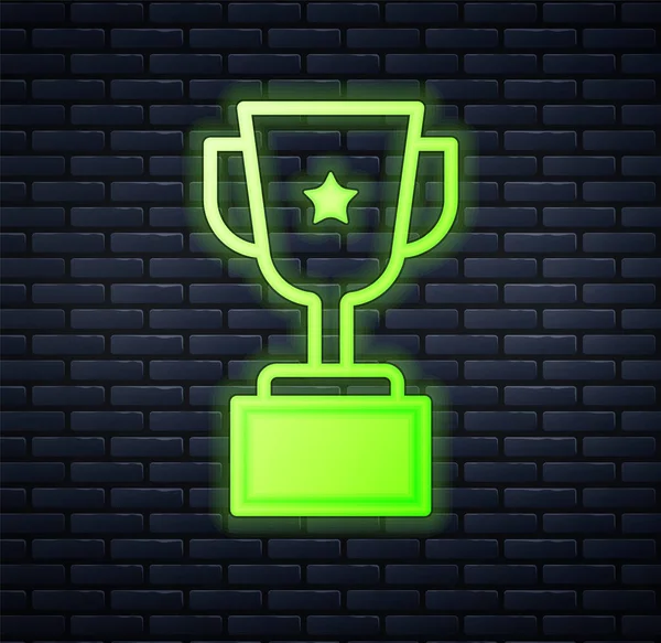 Glowing Neon Award Cup Icon Isolated Brick Wall Background Winner — Stock Vector