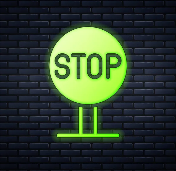 Gloeiende Neon Stop Teken Pictogram Geïsoleerd Baksteen Muur Achtergrond Waarschuwingsstopsymbool — Stockvector