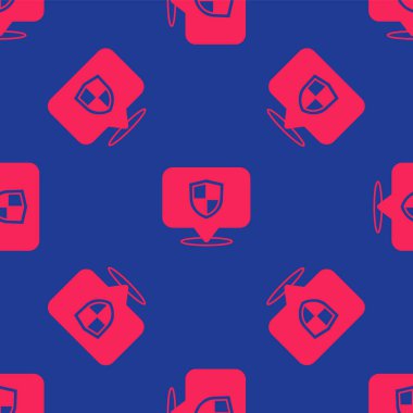 Kırmızı Konum kalkan simgesi mavi arkaplanda izole edilmiş. Sigorta konsepti. Gardiyan. Güvenlik, güvenlik, koruma, gizlilik kavramı. Vektör.