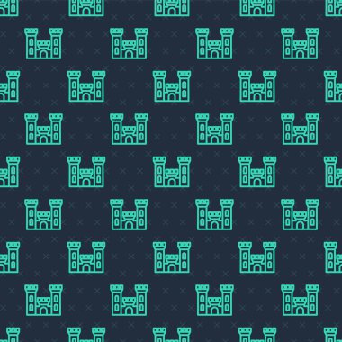 Yeşil çizgi Castle ikonu mavi arka planda kusursuz desen izole etti. Kulesi olan bir ortaçağ kalesi. Düşmanlardan koruma. Şehrin güvenilirliği ve savunması. Vektör.