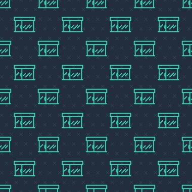 Yeşil Hat Alışveriş binası ya da market simgesi mavi arka planda izole edilmiş pürüzsüz desen. Dükkan inşaatı. Vektör.