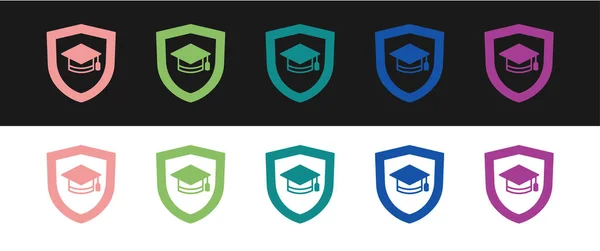Set Graduation Cap Shield Icon Isolated Black White Background Insurance — Stock Vector