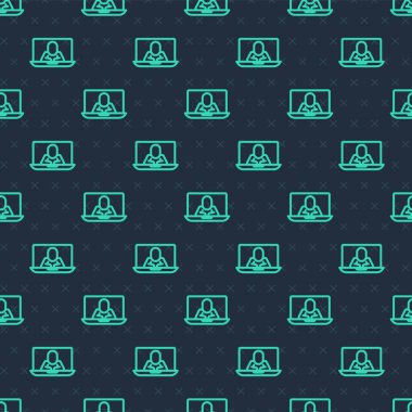 Yeşil çizgi görüntülü sohbet konferans simgesi mavi arkaplanda izole edilmiş kusursuz desen. Çevrimiçi iş görüşmesi formu. Uzak proje yönetimi. Vektör.