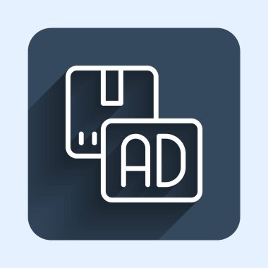 Beyaz çizgi reklam simgesi uzun gölge arkaplanı ile izole edildi. Pazarlama ve tanıtım süreci kavramı. İlgili reklamlar. Sosyal medya reklamcılığı. Mavi kare düğme. Vektör.
