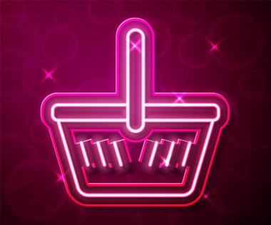 Parlayan neon hattı alışveriş sepeti simgesi kırmızı arkaplanda izole edildi. İnternetten satın alma konsepti. Servis tabelası. Alışveriş arabası sembolü. Vektör.
