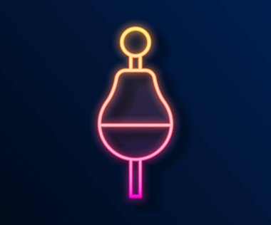 Parlayan neon hattı Balıkçılık yüzen ikonu siyah arkaplanda izole edildi. Balık oltası. Vektör.