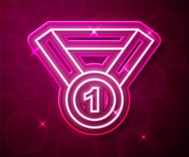 Parlayan neon hattı Madalya simgesi kırmızı arkaplanda izole edildi. Kazanan sembol. Vektör.