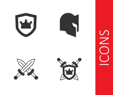 Ortaçağ ve Ortaçağ miğferi simgesini kılıçlarla süsleyin. Vektör.