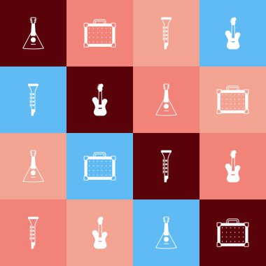 Pop sanatı Balalaika Gitar Amplifikatörü Klarnet ve Elektro Bas gitar ikonunu ayarla. Vektör.