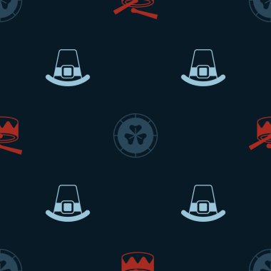 Davul çubuklarıyla altın leprikon madeni para ve leprikon şapkayı kusursuz desenlere ayarlayın. Vektör.