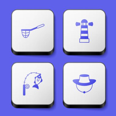 Balıkçı ağı deniz feneri oltası, balık ve balıkçı şapkası ikonu hazırla. Beyaz kare düğme. Vektör.