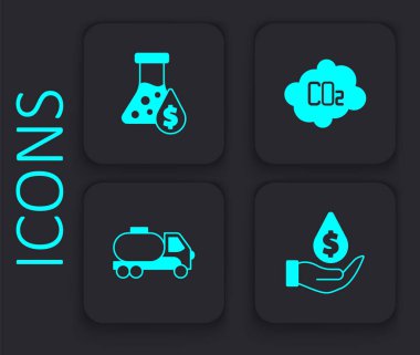Petrol damlasını dolar sembollü benzin test tüpü CO2 emisyonlarıyla bulut ve tanker kamyon simgesine ayarla. Siyah kare düğme. Vektör.