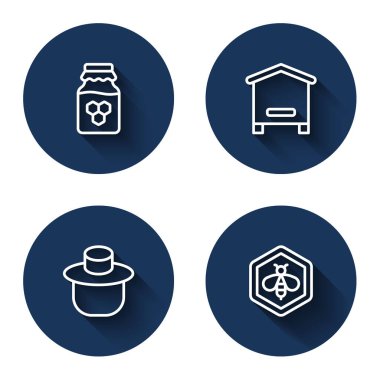 Arı kovanı için, şapka ve uzun gölgeli bal peteği taşıyan bir kavanoz dolusu bal kovanı hazırlayın. Mavi daire düğmesi. Vektör.