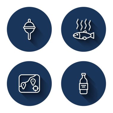 Olta oltası, ölü balık konumu, balık avı ve uzun gölgeli bir şişe votka. Mavi daire düğmesi. Vektör.