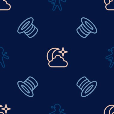 Voodoo bebeği sihirli şapka ve ay ve yıldızları kusursuz desenlere ayarlayın. Vektör.