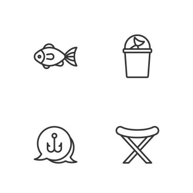 Kamp ipini, katlanır sandalyeyi, oltayı ve balık ikonu ile kovayı hazırla. Vektör.