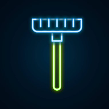 Parlayan neon çizgisi tırmık simgesi siyah arkaplanda izole edildi. Bahçecilik, tarım, çiftçilik aleti. Toprak işçisi. Temizlik ekipmanları. Renkli taslak konsepti. Vektör.