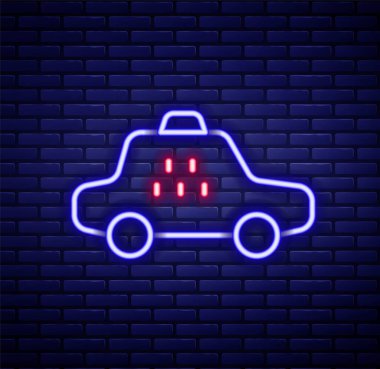 Parlayan neon hat taksi ikonu tuğla duvar arkasında izole edilmiş. Renkli taslak konsepti. Vektör.