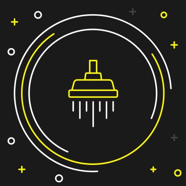 Siyah zemin üzerinde su damlaları akan bir ikon olan çizgi duş başlığı izole edildi. Renkli taslak konsepti. Vektör.