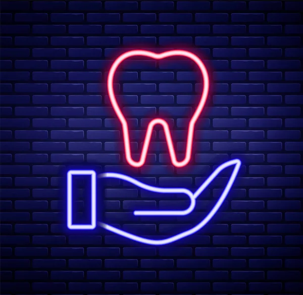 Leuchtende Neon Linie Zahnsymbol Isoliert Auf Backsteinwand Hintergrund Zahnsymbol Für — Stockvektor