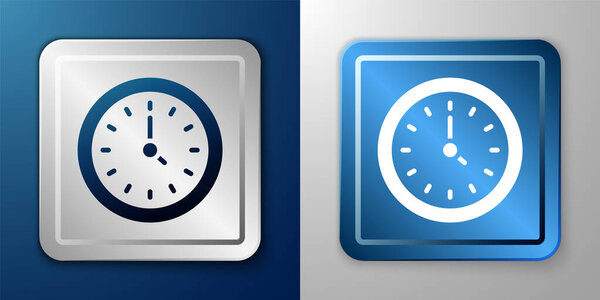 Символ "Белые часы" выделен на синем и сером фоне. Символ времени. Серебряно-голубая квадратная кнопка. Вектор.