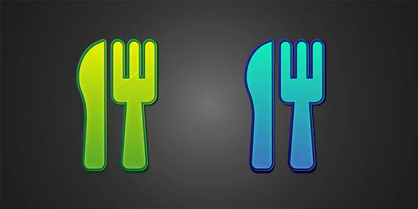 Green Blue Crossed Knife Fork Icon Isolated Black Background Cutlery — Stock Vector