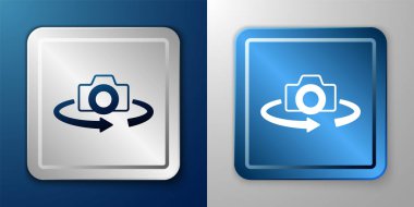 Mavi ve gri arkaplanda beyaz 360 derecelik görüntü simgesi izole edildi. Sanal gerçeklik. 360 derecelik açıyla. Panorama fotoğrafı. Gümüş ve mavi kare düğme. Vektör.