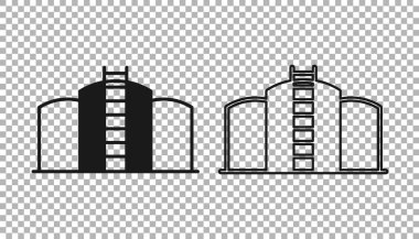Siyah Yağ tankı depolama simgesi şeffaf arkaplanda izole edildi. Petrol ve gaz endüstrisi için gemi deposu. Petrol tankı teknoloji istasyonu. Vektör.