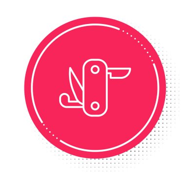 Beyaz çizgili İsviçre çakısı ikonu beyaz arka planda izole edilmiş. Çoklu alet, çok amaçlı çakı. Çok fonksiyonlu bir alet. Kırmızı daire düğmesi. Vektör.