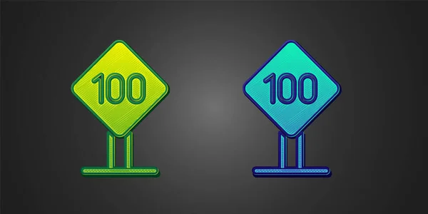 绿色和蓝色限速标志100公里图标隔离在黑色背景 — 图库矢量图片