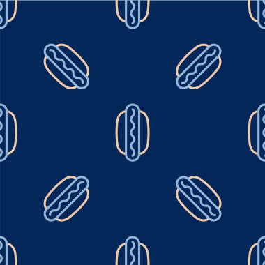 Hardal ikonlu Hotdog sandviçi mavi arka planda izole edilmiş kusursuz desen. Sosis ikonu. Fast food burcu. Vektör.