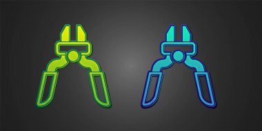 Siyah arkaplanda yeşil ve mavi kerpeten araç simgesi izole edildi. Pense endüstriyel mekanik su tesisatında çalışıyor. Vektör.