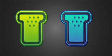 Siyah arka planda izole edilmiş kızarmış kızarmış ekmek ikonu için yeşil ve mavi ekmek tostu. Öğle yemeği, akşam yemeği, kahvaltı atıştırmalığı. Vektör.