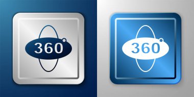 Mavi ve gri arkaplanda beyaz 360 derecelik görüntü simgesi izole edildi. Sanal gerçeklik. 360 derecelik açıyla. Panorama fotoğrafı. Gümüş ve mavi kare düğme. Vektör.