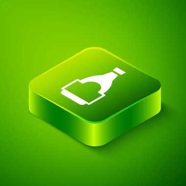 Isometric Soya sosu şişesi ikonu yeşil arka planda izole edilmiş. Yeşil kare düğmesi. Vektör.