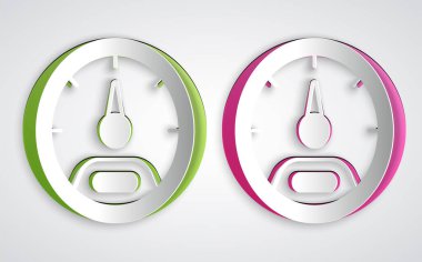 Kağıt kesiği hız göstergesi simgesi gri arkaplanda izole edildi. Kağıt sanatı tarzı. Vektör.