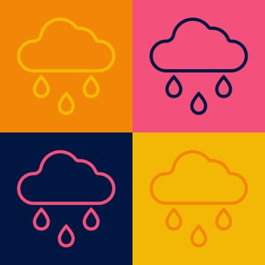 Arkaplanda yağmur ikonu olan pop sanat çizgisi bulutu. Yağmur damlaları ile yağmur bulutu yağışı. Vektör.
