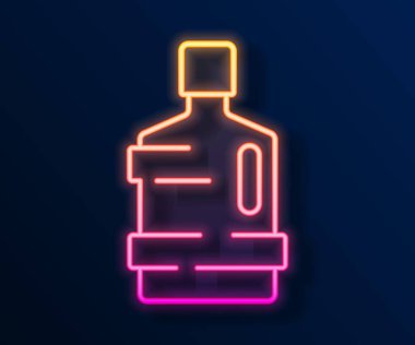 Parlayan neon hattı. Siyah zemin üzerinde temiz su ikonu olan büyük şişe. Soğutucu için plastik kap. Vektör.