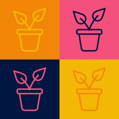 Popüler sanat çizgisi. Esrar ikonunda bitki. Renkli arka planda izole edilmiş. Tencerede yetişen bir bitki. Saksı bitkisi işareti. Vektör.