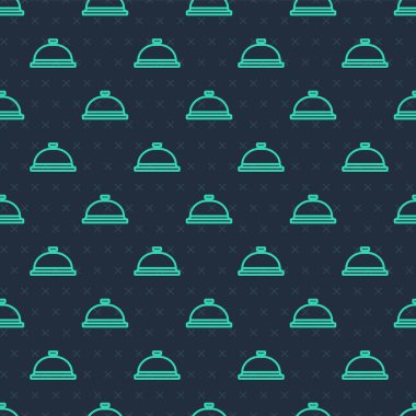 Yeşil hat, mavi arka planda izole edilmiş yemek ikonu tepsisiyle kaplı. Tepsi ve kapak işareti. Kapaklı bir restoran saati. Vektör.