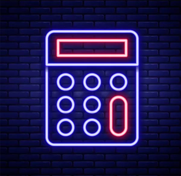 Zářící Neonová Čára Kalkulačka Ikona Izolované Pozadí Cihlové Stěny Účetní — Stockový vektor