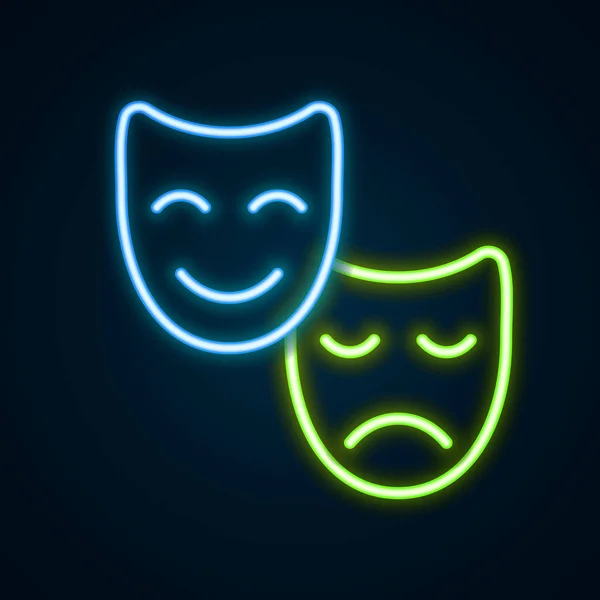 Gloeiende Neon Lijn Komedie Tragedie Theatrale Maskers Pictogram Geïsoleerd Zwarte — Stockvector