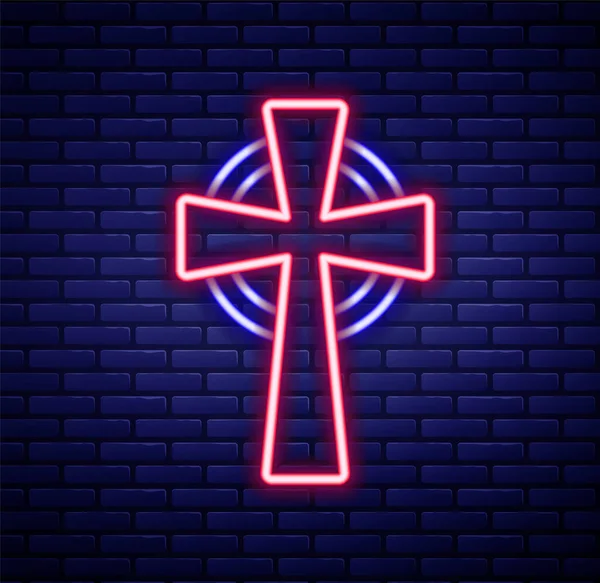 Leuchtende Leuchtschrift Keltisches Kreuz Ikone Isoliert Auf Backsteinwand Hintergrund Happy — Stockvektor