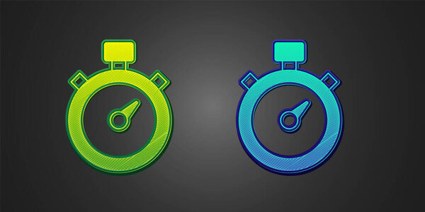 Green and blue Stopwatch icon isolated on black background. Time timer sign. Chronometer sign. Vector.