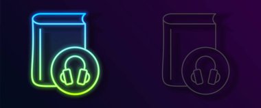 Parlayan neon hattı Ses kitabı simgesi siyah arkaplanda izole edildi. Kulaklıklı kitap. Ses rehberi işareti. Çevrimiçi öğrenme kavramı. Vektör.