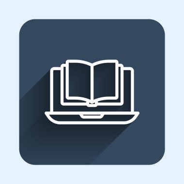 Beyaz çizgi çevrimiçi sınıf simgesi uzun gölge arkaplanı ile izole edildi. Çevrimiçi eğitim kavramı. Mavi kare düğme. Vektör.