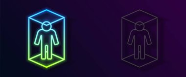 Parlayan neon hattı 3D modelleme simgesi siyah arkaplanda izole edildi. Artırılmış gerçeklik mi yoksa sanal gerçeklik mi? Vektör.