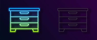 Parlayan neon çizgisi Çekmece Sandığı simgesi siyah arkaplanda izole edildi. Vektör.