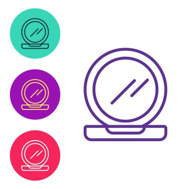 Beyaz arkaplanda izole edilmiş ayna simgesi ile çizgi makyaj tozu ayarla. Simgeleri renklendirin. Vektör.